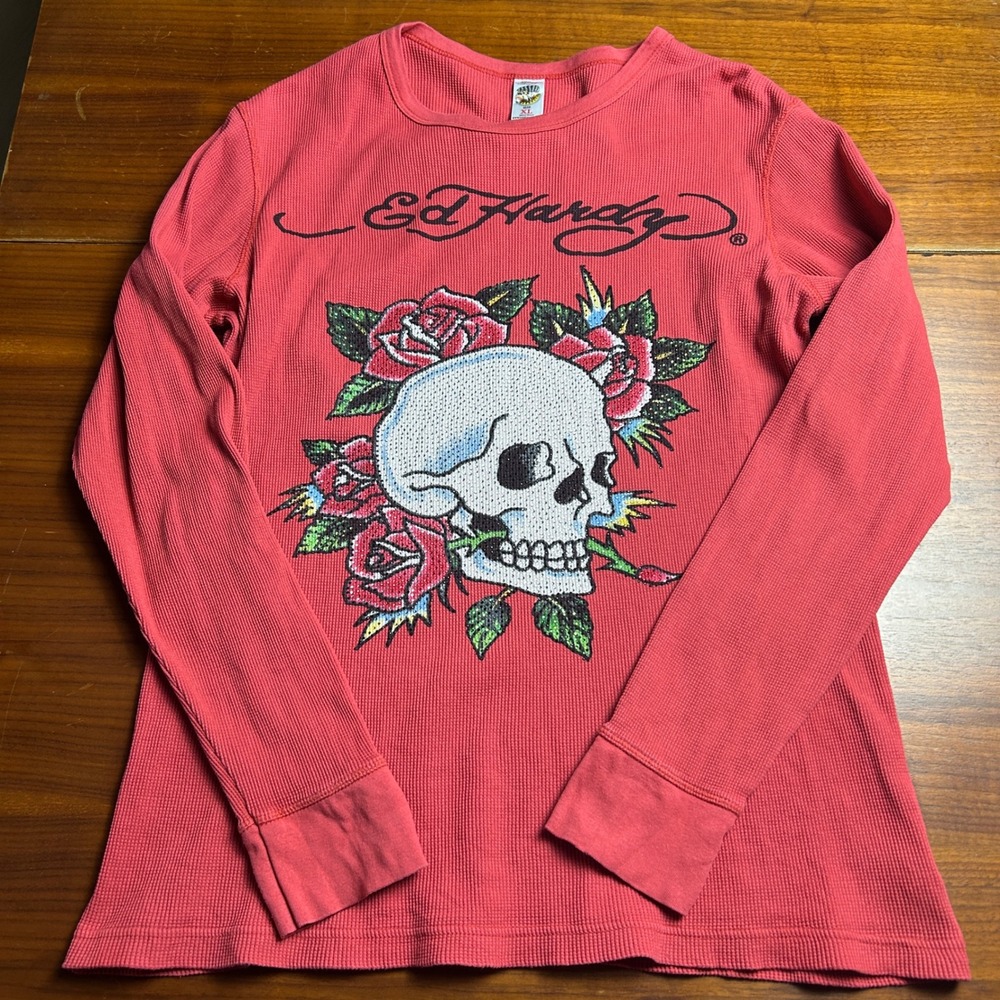 Ed Hardy Mens XL Red Thermal Long Sleeve Skull Roses Tattoo Waffle Knit Shirt
